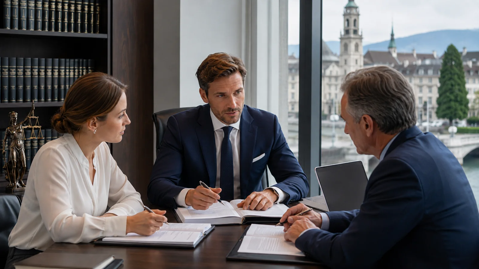 Lawyer and clients discussing a legal matter